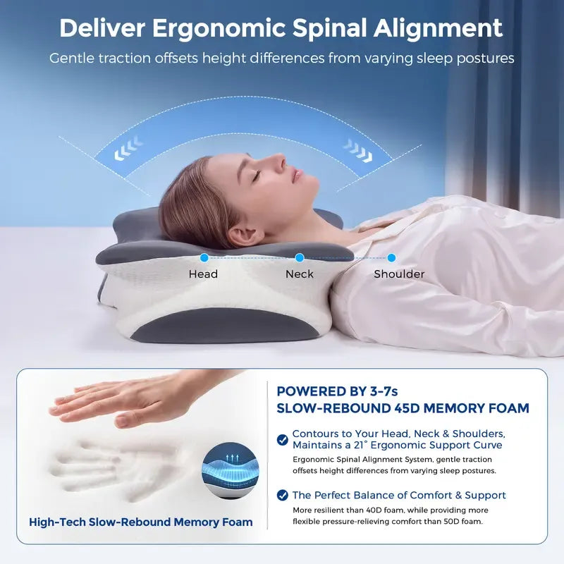 Adjustable Ergonomic Cooling Memory Neck Pillow, Cervical Support Memory Foam Pillow for Travel