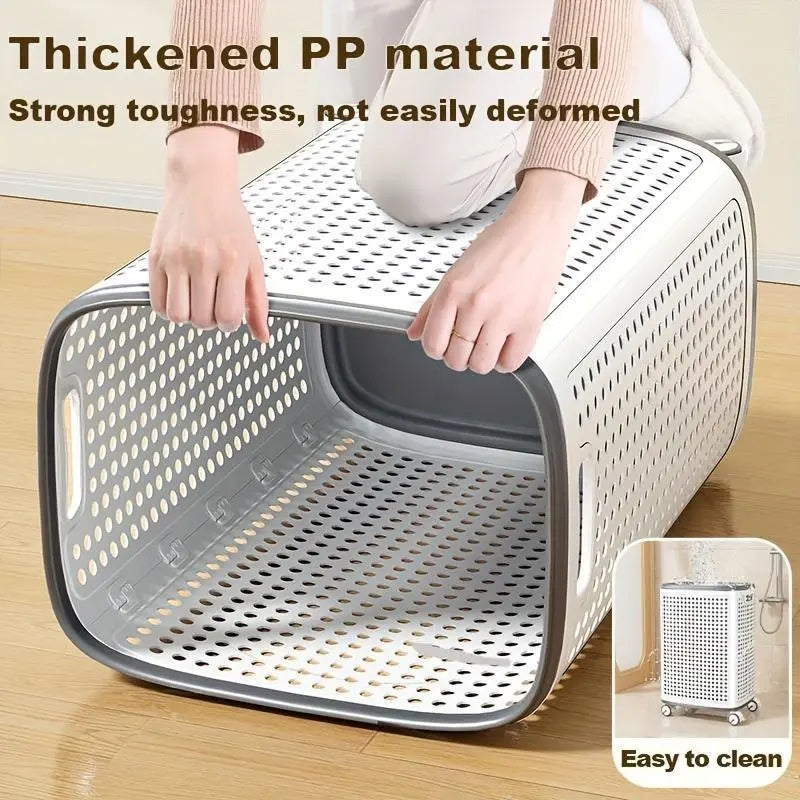 Laundry Basket with Wheels, White & Gray, Ventilated & Odor-Resistant, Portable Rolling Storage with Lid, Size Details in SKU Images, Assembly Guide in Main Image & Description
