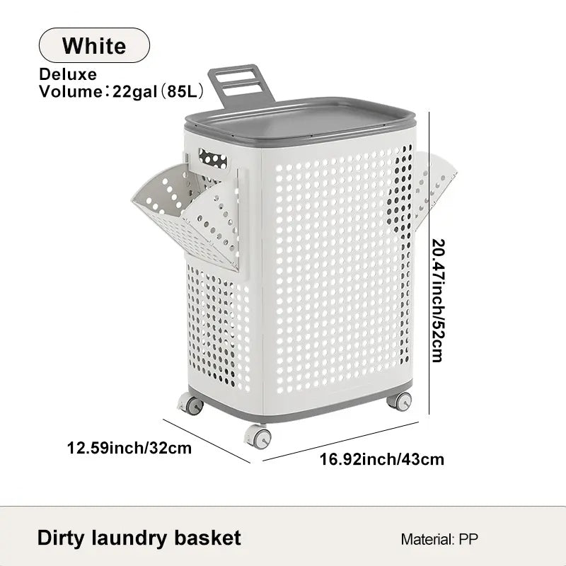 Laundry Basket with Wheels, White & Gray, Ventilated & Odor-Resistant, Portable Rolling Storage with Lid, Size Details in SKU Images, Assembly Guide in Main Image & Description