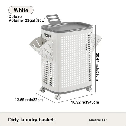 Laundry Basket with Wheels, White & Gray, Ventilated & Odor-Resistant, Portable Rolling Storage with Lid, Size Details in SKU Images, Assembly Guide in Main Image & Description