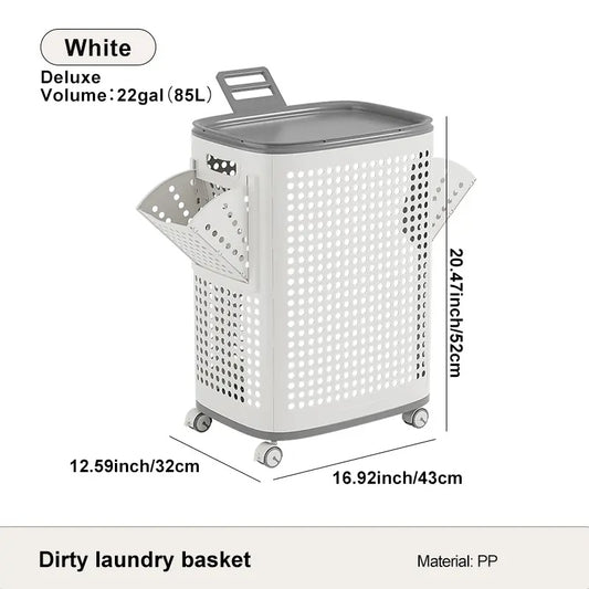 Laundry Basket with Wheels, White & Gray, Ventilated & Odor-Resistant, Portable Rolling Storage with Lid, Size Details in SKU Images, Assembly Guide in Main Image & Description