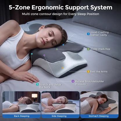 Adjustable Ergonomic Cooling Memory Neck Pillow, Cervical Support Memory Foam Pillow for Travel