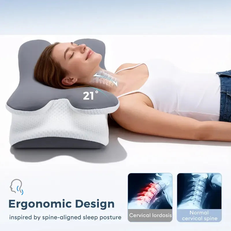 Adjustable Ergonomic Cooling Memory Neck Pillow, Cervical Support Memory Foam Pillow for Travel