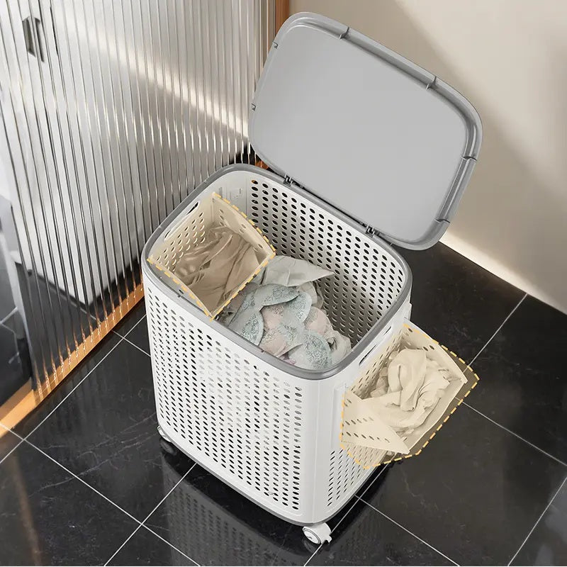 Laundry Basket with Wheels, White & Gray, Ventilated & Odor-Resistant, Portable Rolling Storage with Lid, Size Details in SKU Images, Assembly Guide in Main Image & Description