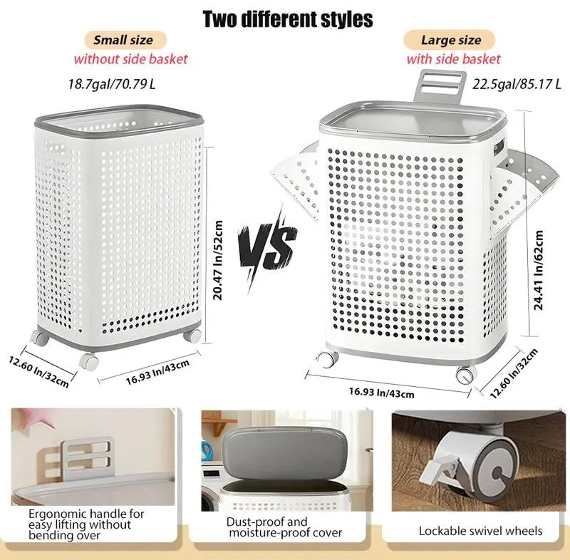 Laundry Basket with Wheels, White & Gray, Ventilated & Odor-Resistant, Portable Rolling Storage with Lid, Size Details in SKU Images, Assembly Guide in Main Image & Description