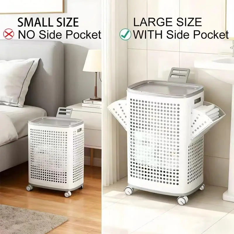 Laundry Basket with Wheels, White & Gray, Ventilated & Odor-Resistant, Portable Rolling Storage with Lid, Size Details in SKU Images, Assembly Guide in Main Image & Description