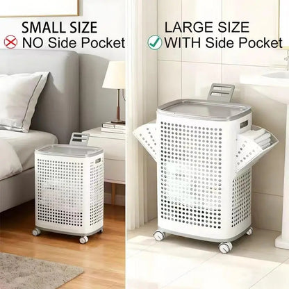 Laundry Basket with Wheels, White & Gray, Ventilated & Odor-Resistant, Portable Rolling Storage with Lid, Size Details in SKU Images, Assembly Guide in Main Image & Description