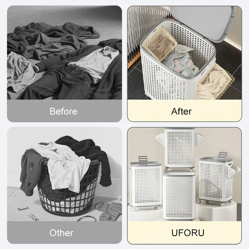 Laundry Basket with Wheels, White & Gray, Ventilated & Odor-Resistant, Portable Rolling Storage with Lid, Size Details in SKU Images, Assembly Guide in Main Image & Description