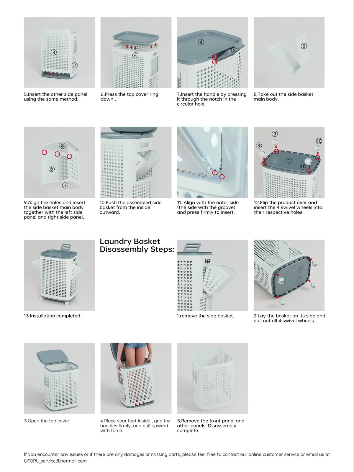 Laundry Basket with Wheels, White & Gray, Ventilated & Odor-Resistant, Portable Rolling Storage with Lid, Size Details in SKU Images, Assembly Guide in Main Image & Description