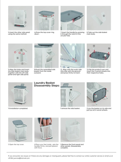 Laundry Basket with Wheels, White & Gray, Ventilated & Odor-Resistant, Portable Rolling Storage with Lid, Size Details in SKU Images, Assembly Guide in Main Image & Description