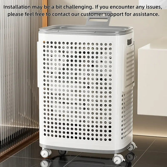 Laundry Basket with Wheels, White & Gray, Ventilated & Odor-Resistant, Portable Rolling Storage with Lid, Size Details in SKU Images, Assembly Guide in Main Image & Description